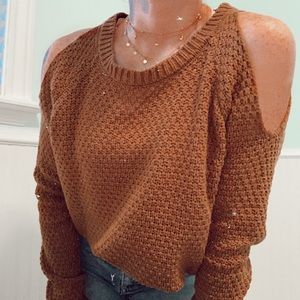 knitted chestnut sweater with shoulder holes